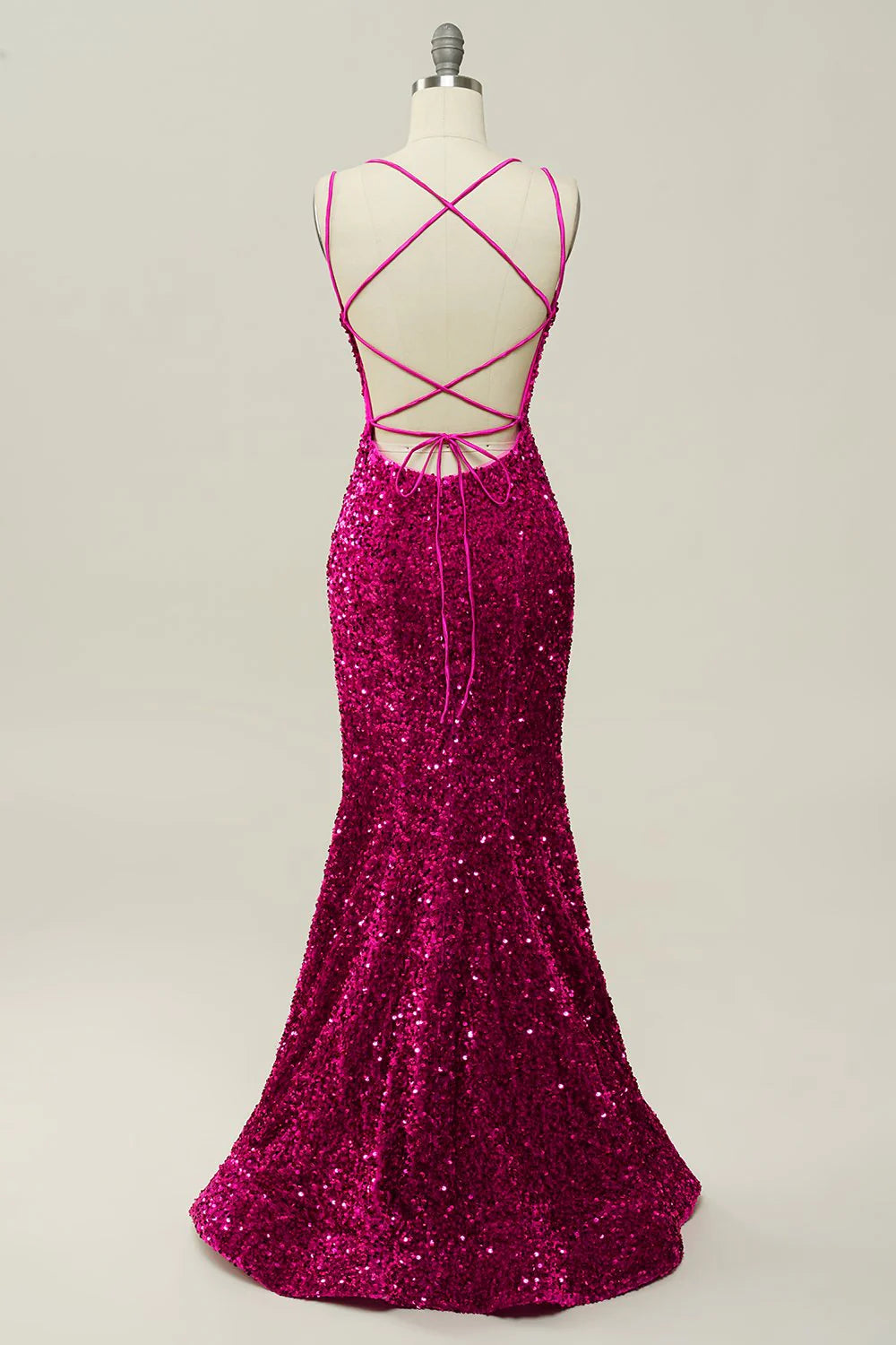 Hot Pink Sequin Spaghetti Straps Mermaid Prom Dress with Lace-up Back