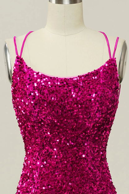 Hot Pink Sequin Spaghetti Straps Mermaid Prom Dress with Lace-up Back