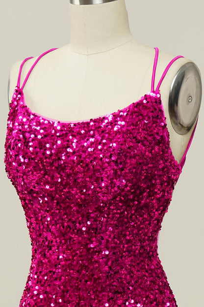 Hot Pink Sequin Spaghetti Straps Mermaid Prom Dress with Lace-up Back