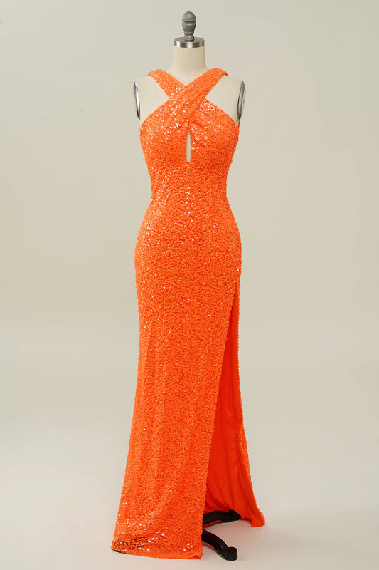 Orange Halter Sequined Backless Mermaid Prom Dress