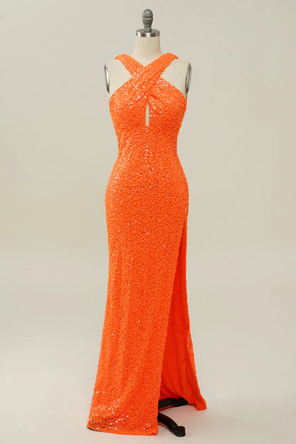 Amzcw Orange Sheath Halter Sequined Backless Mermaid Prom Dress prom dresses with long sleeves