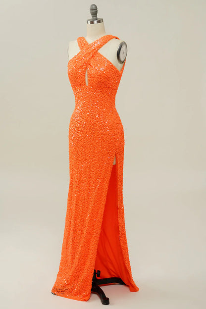 Amzcw Orange Sheath Halter Sequined Backless Mermaid Prom Dress prom dresses with long sleeves