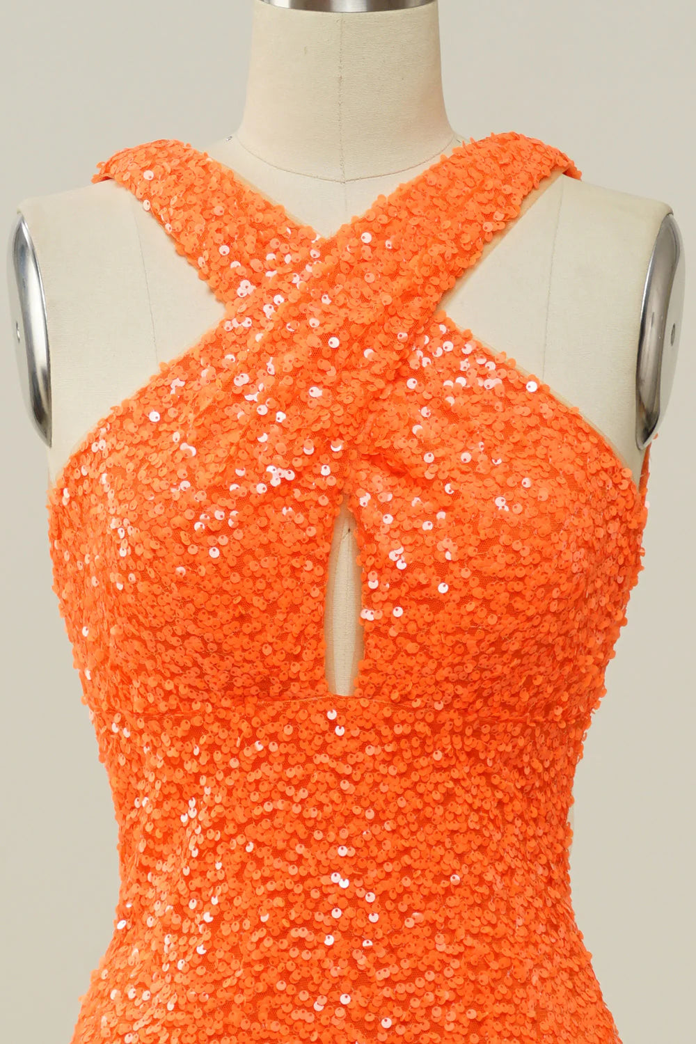 Amzcw Orange Sheath Halter Sequined Backless Mermaid Prom Dress prom dresses with long sleeves