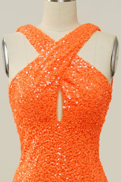 Amzcw Orange Sheath Halter Sequined Backless Mermaid Prom Dress prom dresses with long sleeves