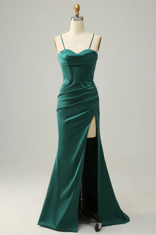 Amzcw Dark Green Mermaid Spaghetti Straps Long Prom Dress With Slit prom dresses with long sleeves