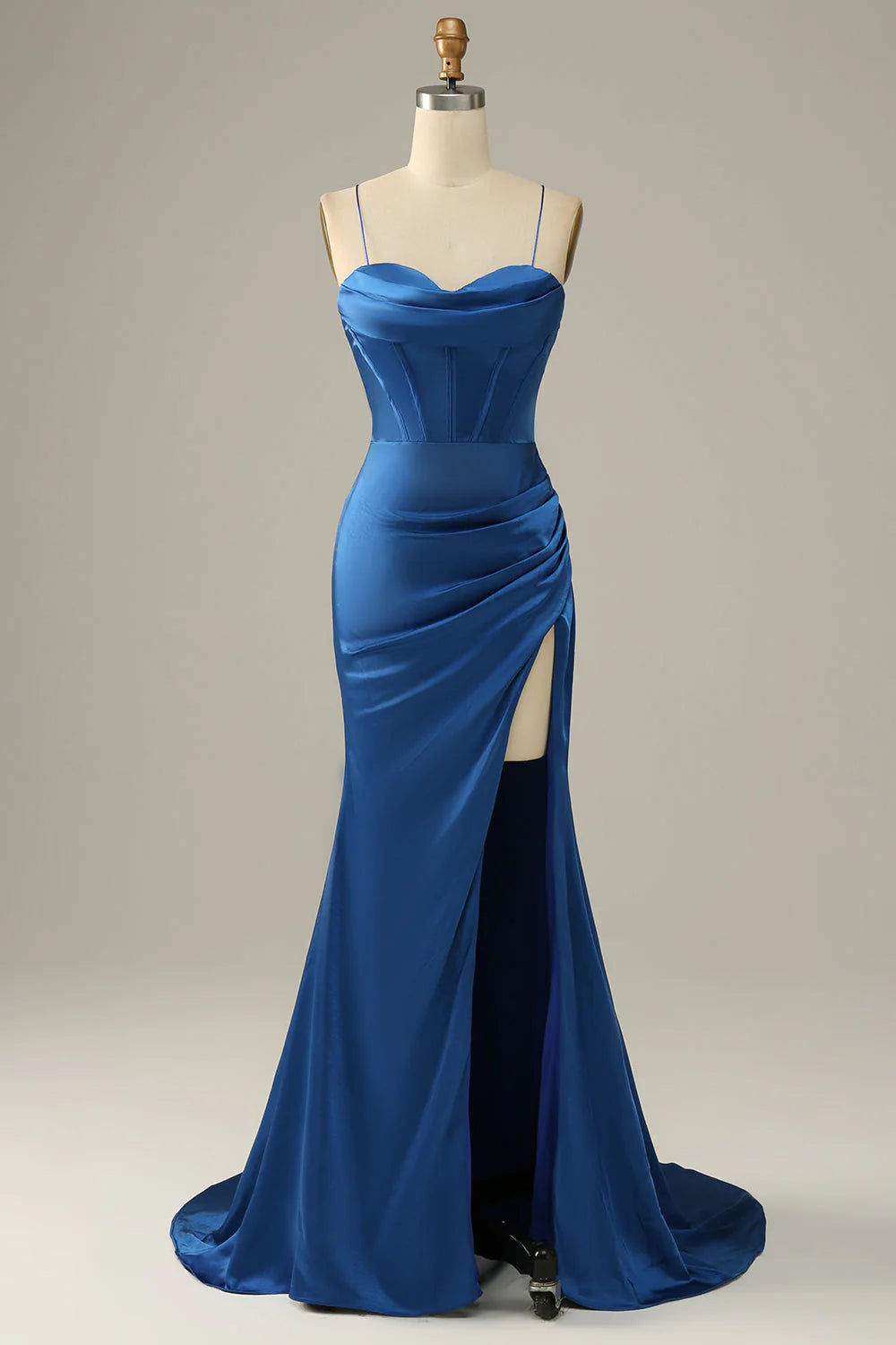 Amzcw Royal Blue Mermaid Spaghetti Straps Long Prom Dress With Slit prom dresses with long sleeves