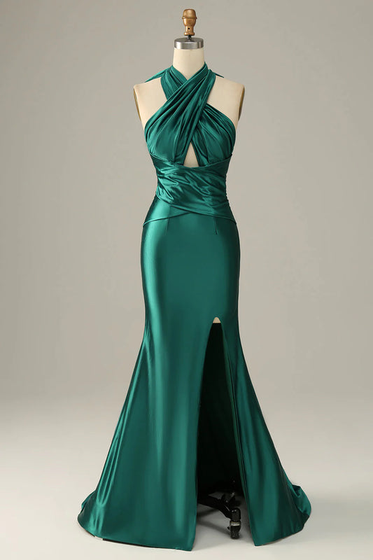 Amzcw Dark Green Halter Lace Up Mermaid Prom Dress With Slit prom dresses with long sleeves