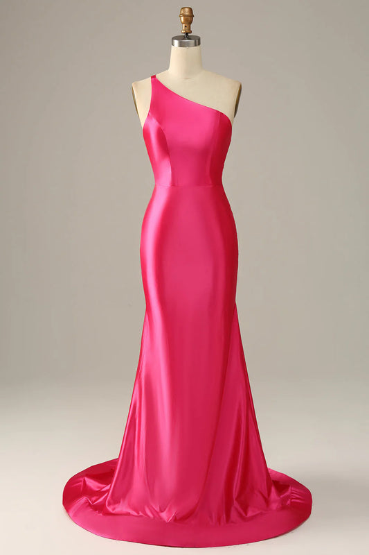 Amzcw Fuchsia Mermaid One Shoulder Long Satin Prom Dress prom dresses with long sleeves