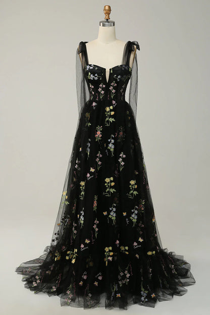 A Line Spaghetti Straps Black Corset Prom Dress with Embroidery