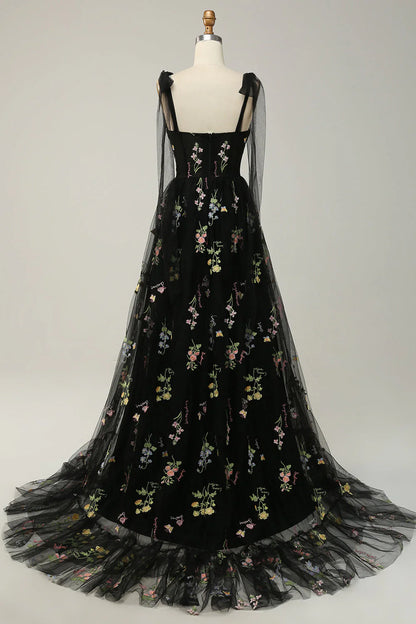 A Line Spaghetti Straps Black Corset Prom Dress with Embroidery