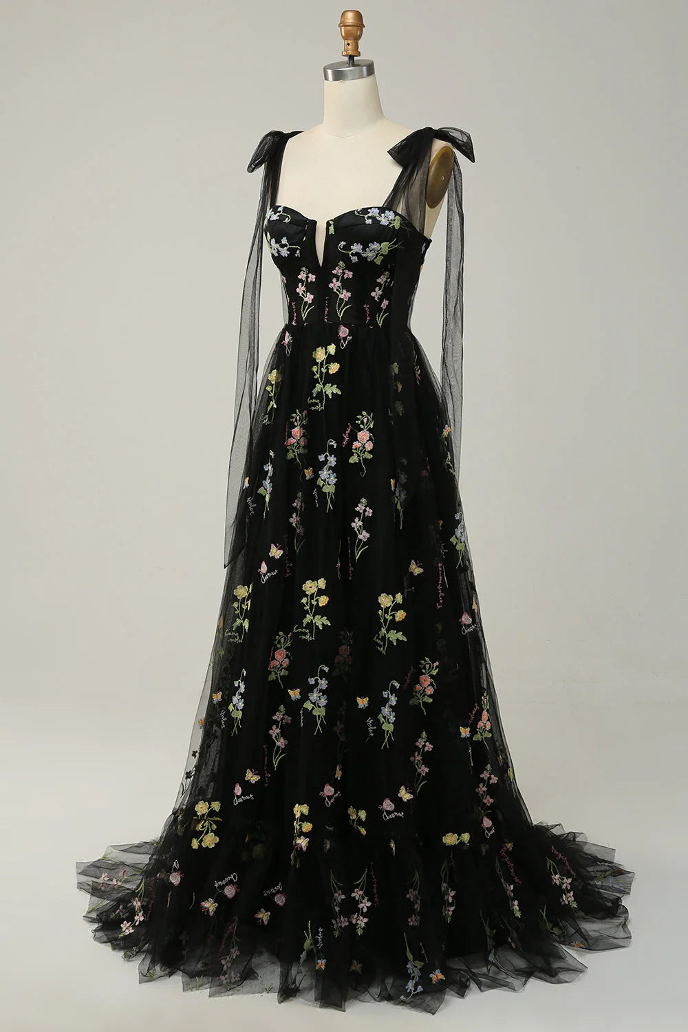 A Line Spaghetti Straps Black Corset Prom Dress with Embroidery