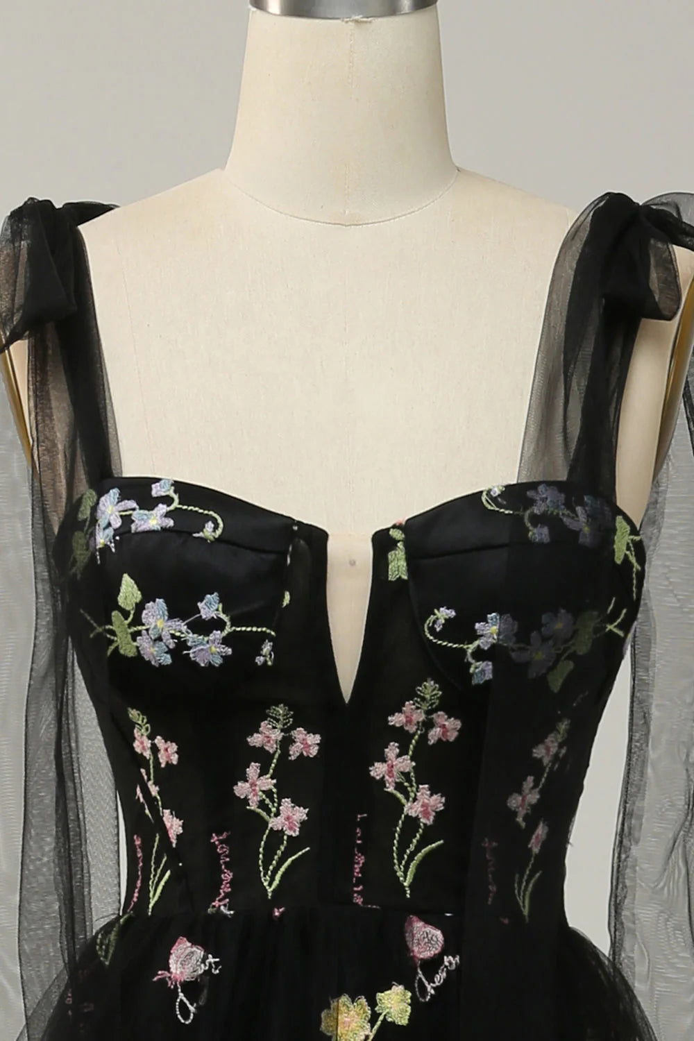 Amzcw Black A Line Spaghetti Straps Corset Long Prom With Embroidery