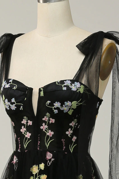 Amzcw Black A Line Spaghetti Straps Corset Long Prom With Embroidery