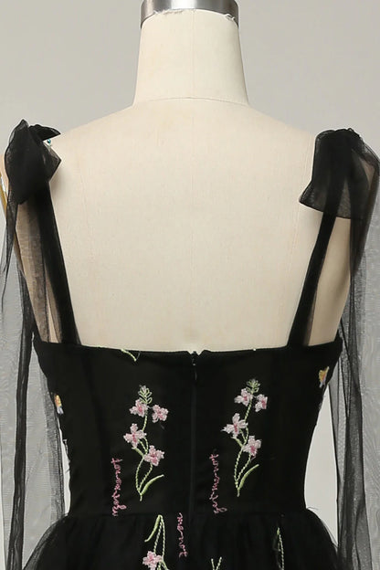 Amzcw Black A Line Spaghetti Straps Corset Long Prom With Embroidery