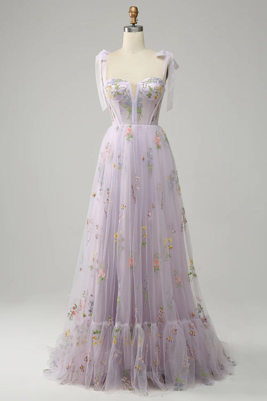 Lilac Embroidery Corset Long Prom Dress