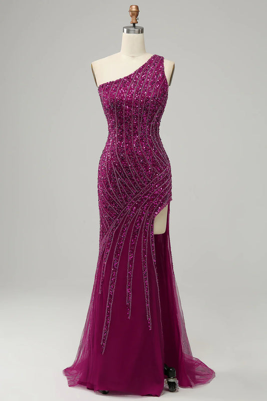 One Shoulder Sequin Prom Dress with Slit