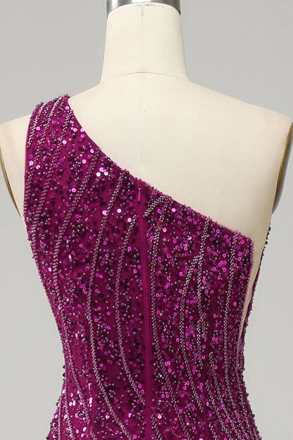 One Shoulder Sequin Prom Dress with Slit