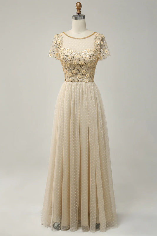 Apricot Tulle A Line Sequins Formal Prom Dress with Appliques