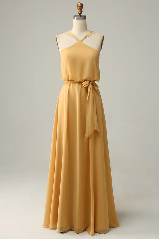 Amzcw A Line Halter Yellow Long Bridesmaid Dress with Bowknot