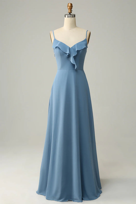 Amzcw A Line Spaghetti Straps Grey Blue Long Bridesmaid Dress with Ruffles