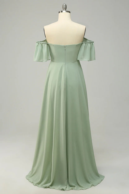 Amzcw A Line Off the Shoulder Green Long Bridesmaid Dress with Ruffles