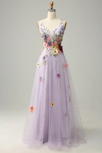 Amzcw A Line Deep V Neck Lavender Long Prom Dress with Appliques