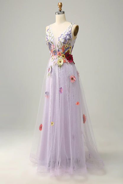 Amzcw A Line Deep V Neck Lavender Long Prom Dress with Appliques