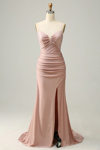 Amzcw Mermaid Spaghetti Straps Blush Long Prom Dress with Beading