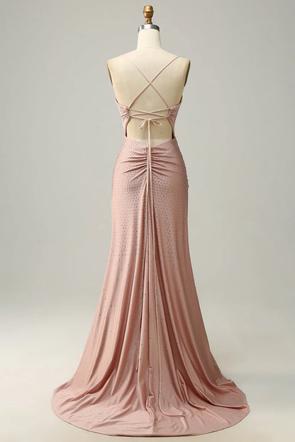 Amzcw Blush Mermaid Spaghetti Straps Long Prom Dress with Beading prom dresses with long sleeves