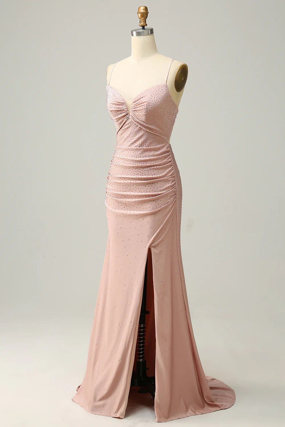 Amzcw Mermaid Spaghetti Straps Blush Long Prom Dress with Beading