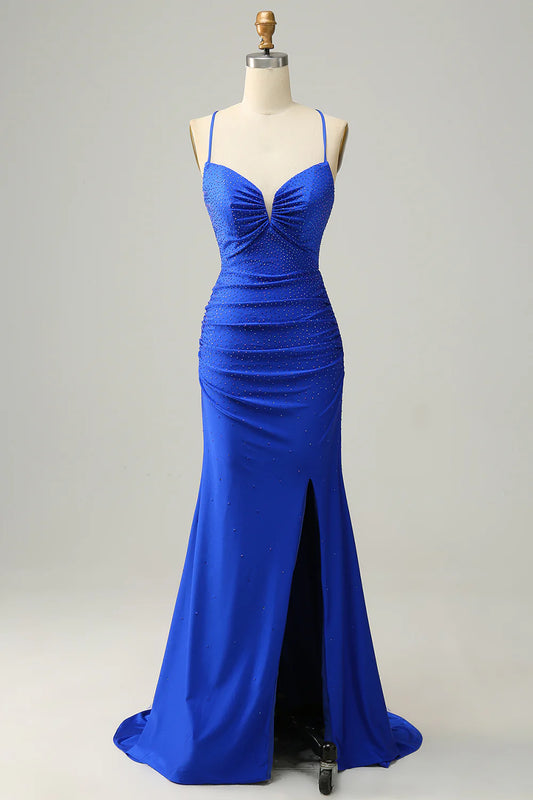 Amzcw Mermaid Spaghetti Straps Royal Blue Long Prom Dress with Beading