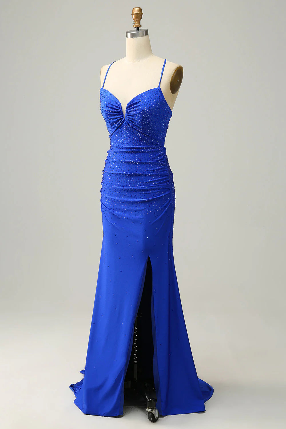 Amzcw Royal Blue Mermaid Spaghetti Straps Long Prom Dress with Beading prom dresses with long sleeves