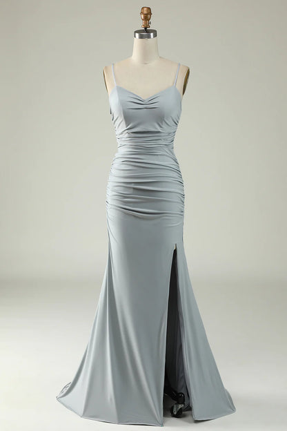 Amzcw Mermaid Spaghetti Straps Grey Plus Size Prom Dress with Criss Cross Back