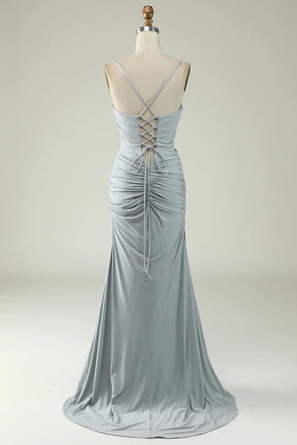 Amzcw Mermaid Spaghetti Straps Grey Plus Size Prom Dress with Criss Cross Back