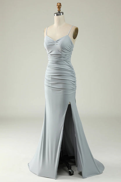 Amzcw Mermaid Spaghetti Straps Grey Plus Size Prom Dress with Criss Cross Back