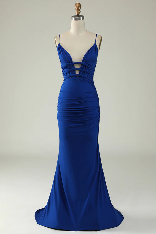 Amzcw Mermaid Spaghetti Straps Royal Blue Plus Size Prom Dress with Criss Cross Back