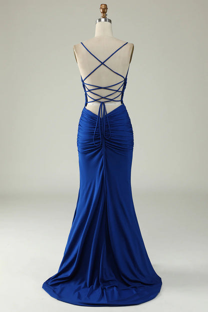 Amzcw Mermaid Spaghetti Straps Royal Blue Plus Size Prom Dress with Criss Cross Back