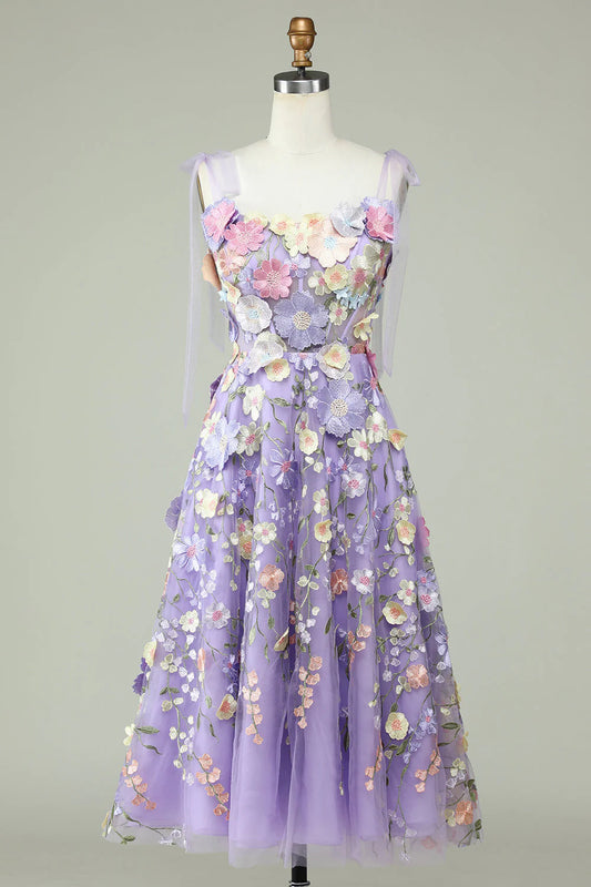 Amzcw A Line Spaghetti Straps Purple Tea Length Prom Dress with 3D Flowers