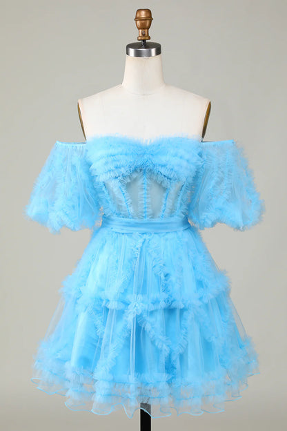 Amzcw Cute A line Blue Tulle Off The Shoulder Short Homecoming Dress