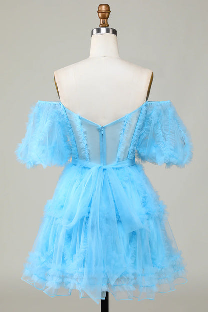 Amzcw Cute A line Blue Tulle Off The Shoulder Short Homecoming Dress