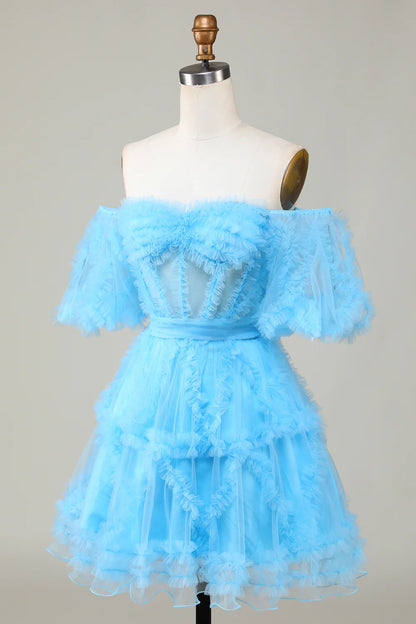 Amzcw Cute A line Blue Tulle Off The Shoulder Short Homecoming Dress