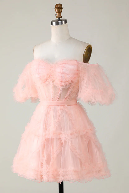 Amzcw Cute A line Blush Tulle Off The Shoulder Short Homecoming Dress