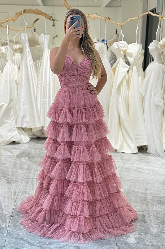 Amzcw Pink A-Line Spaghetti Straps Layered Tulle Prom Dress with Floral Printed prom dresses with long sleeves