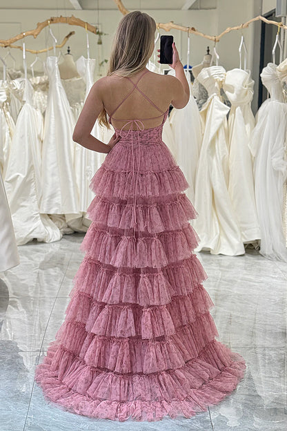 Amzcw Pink A-Line Spaghetti Straps Layered Tulle Prom Dress with Floral Printed prom dresses with long sleeves