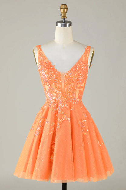 Amzcw Glitter Orange A Line V Neck Sequins Short Homecoming Dress