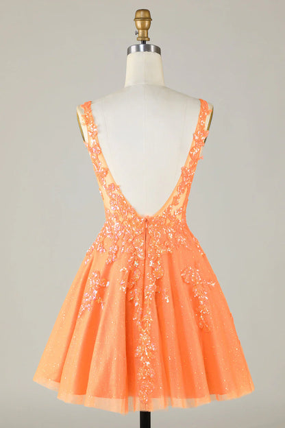 Amzcw Glitter Orange A Line V Neck Sequins Short Homecoming Dress