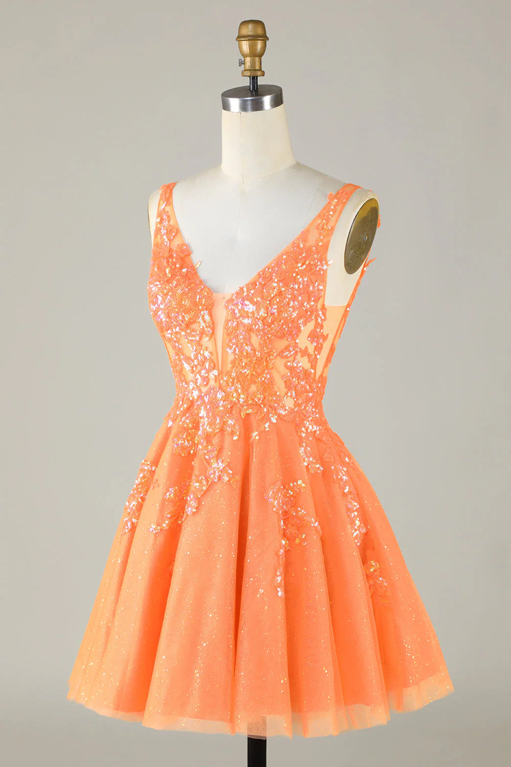 Amzcw Glitter Orange A Line V Neck Sequins Short Homecoming Dress