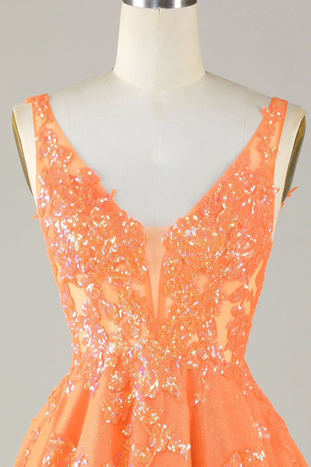 Amzcw Glitter Orange A Line V Neck Sequins Short Homecoming Dress