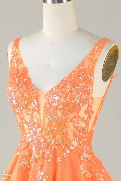 Amzcw Glitter Orange A Line V Neck Sequins Short Homecoming Dress