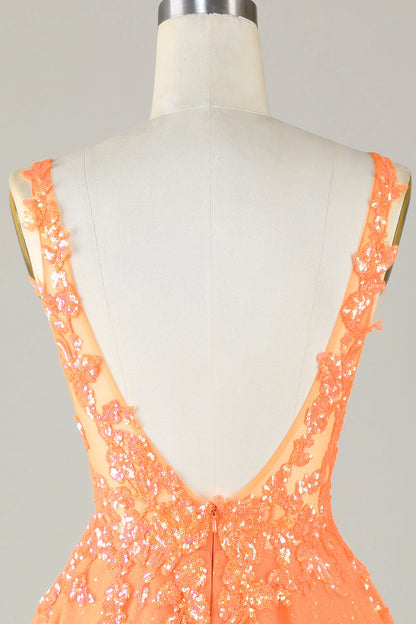 Amzcw Glitter Orange A Line V Neck Sequins Short Homecoming Dress